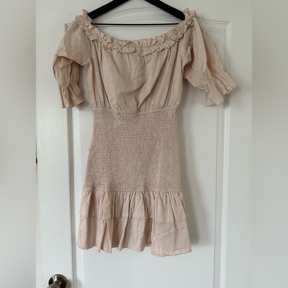 NWOT - Light Beige Ruffle Smocked Bodycon Mini Dress - Size Small